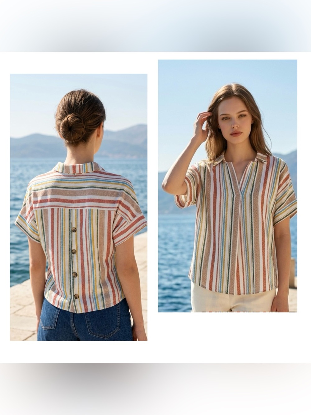 Eden & Olivia Women Sz L Vertical Stripe Button-Back Short-Sleeve V neck Shirt